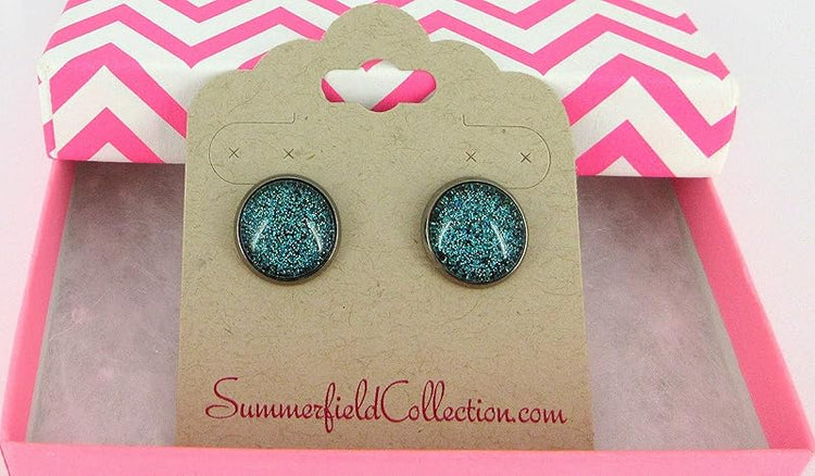 Summerfield Collection Hematite-tone Teal Green and Black Glitter Glass Stud Earrings Hand-painted 12mm