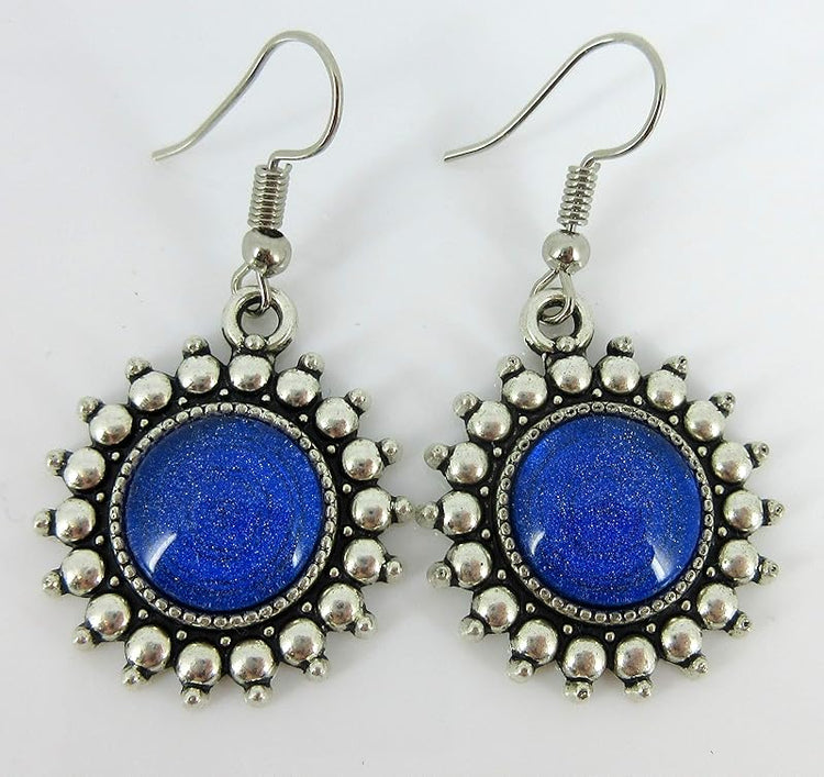 Summerfield Collection Antiqued Silver-tone Royal Blue Glitter Glass Dangle Earrings Hand-painted