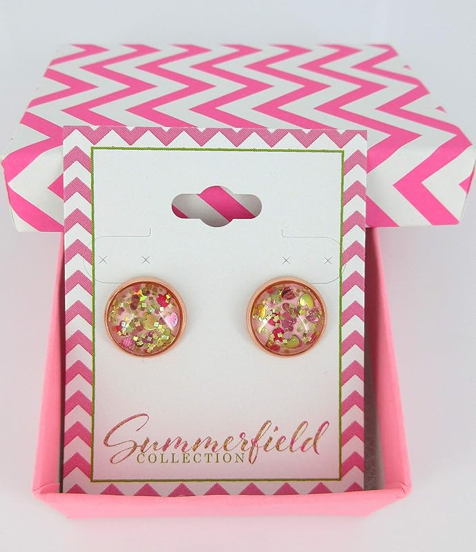 Summerfield Collection Rose Gold-tone Heart and Square Glitter Glass Stud Earrings Hand-painted 12mm