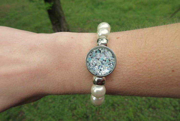 Summerfield Collection Interchangeable Snap Bracelet 3 Charm Set Mint Glitter Glass Faux Pearl Stretch