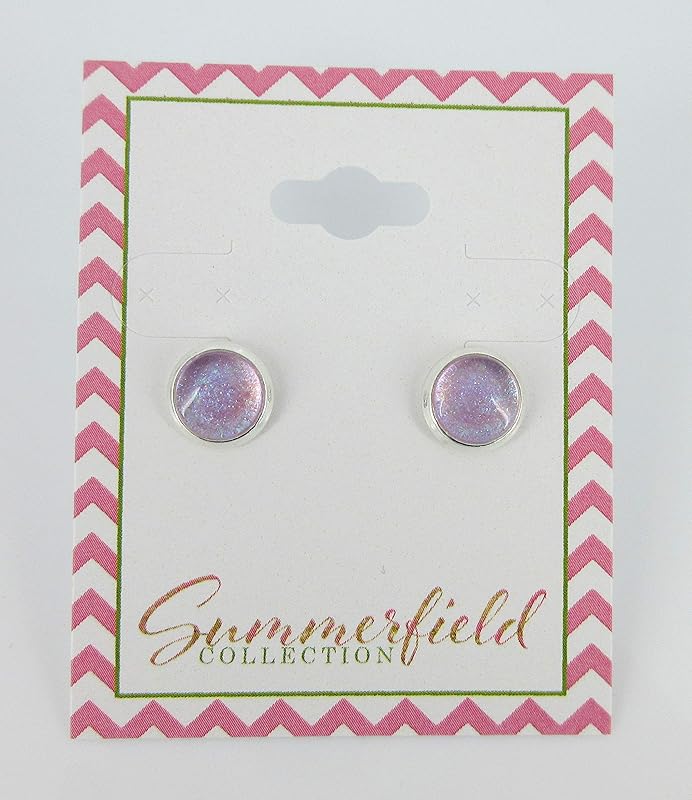 Summerfield Collection Silver-tone Light Purple Glitter Glass Stud Earrings Hand-painted 8mm