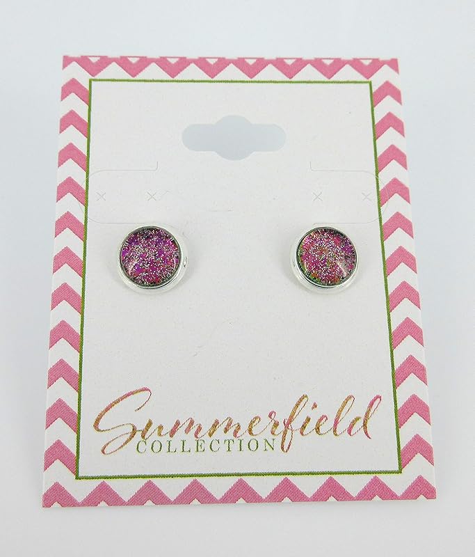 Summerfield Collection Silver-tone Pink Green Gold Purple Glitter Glass Stud Earrings Hand-painted 8mm