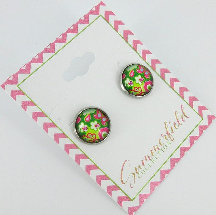 Summerfield Collection Stainless Steel Green and Pink Flower Paisley Print Glass Stud Earrings 12mm Vintage Vibe