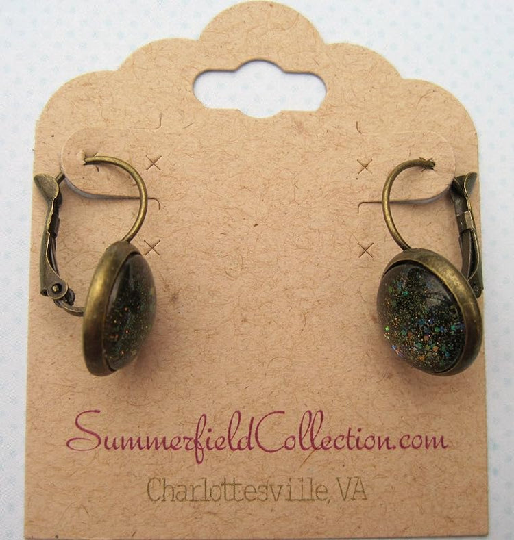 Summerfield Collection Antiqued Gold-tone Black Glitter Glass Lever-back Drop Galaxy Earrings Hand-painted