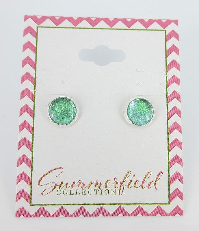 Summerfield Collection Silver-tone Blue Green Color Shift Glitter Glass Stud Earrings Hand-painted 8mm