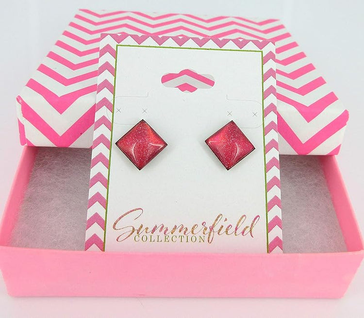 Summerfield Collection Stainless Steel Coral Glitter Glass Stud Earrings Hand-painted Square 10mm