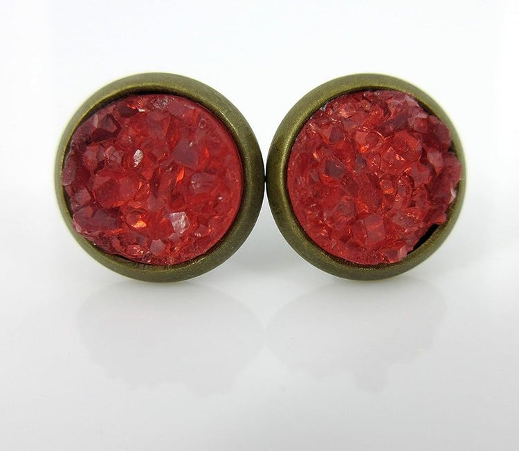 Summerfield Collection Duo Antiqued Gold-tone Red and Purple Faux Druzy Stone Stud Earrings 8mm Set