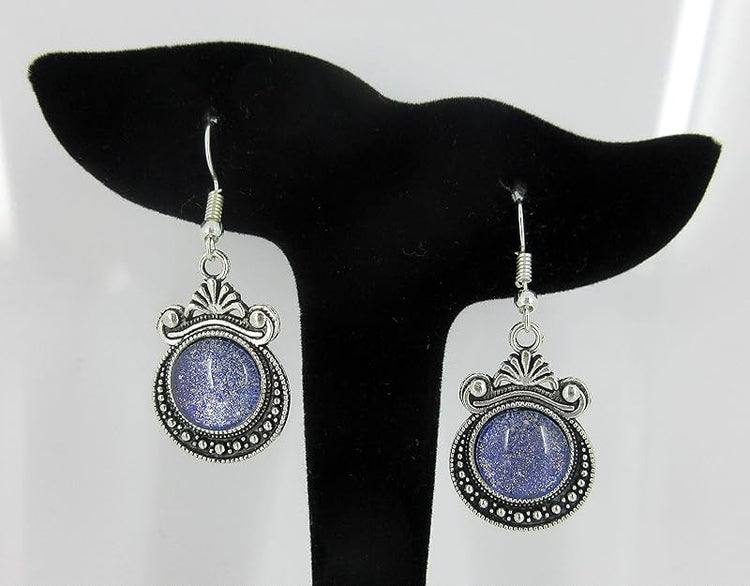 Summerfield Collection Antiqued Silver-tone Purple Gold Black Shimmer Glass Dangle Earrings Hand-painted