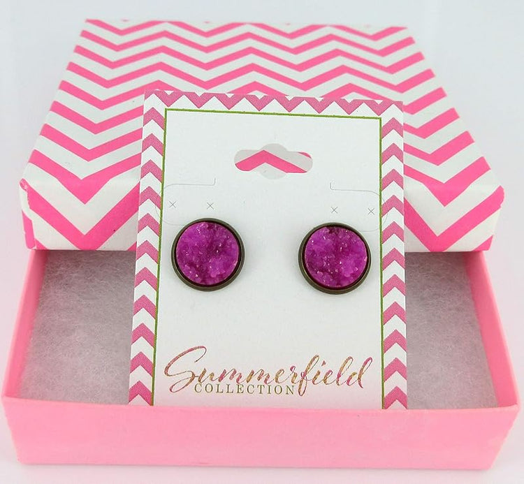 Summerfield Collection Antiqued Gold-tone Faux Druzy Stone Stud Earrings 12mm (Magenta)