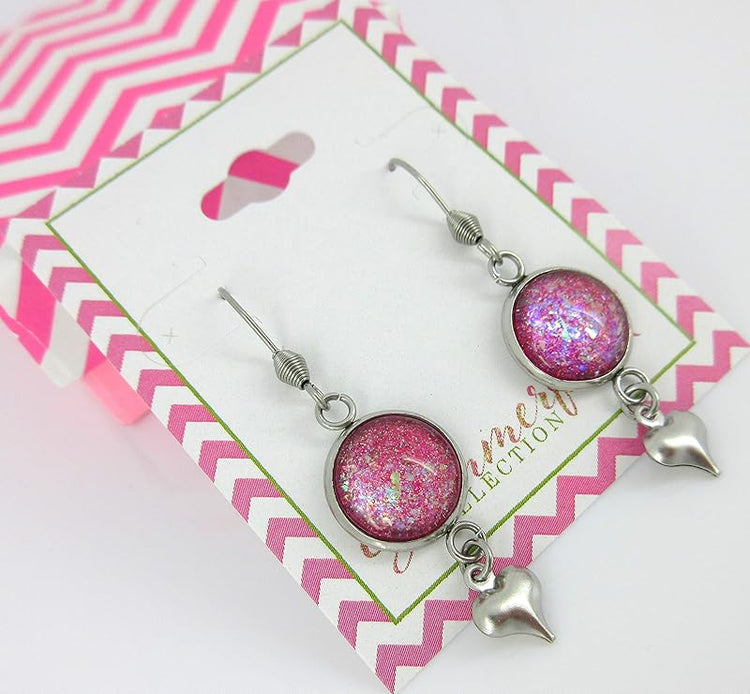 Summerfield Collection Stainless Steel Pink and Iridescent Glitter Flake Glass Heart Charm Dangle Earrings