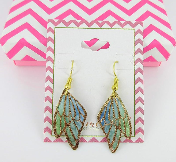 Summerfield Collection Gold Tone Butterfly Wing Fabric Dangle Earrings (Blue and Green Double Wing)