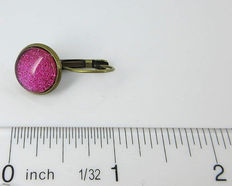 Summerfield Collection Antiqued Gold-tone Hot Pink Glitter Glass Lever-back Drop Earrings Hand-painted