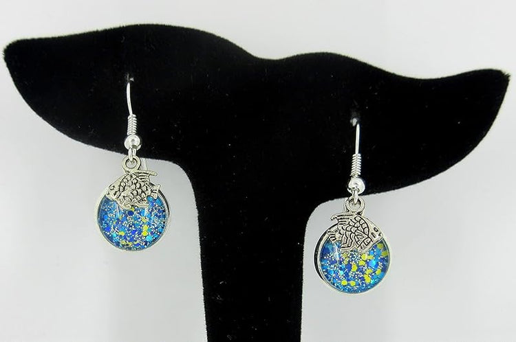 Summerfield Collection Silver-tone Blue Yellow and Holographic Glitter Glass Fish Charm Dangle Earrings Hand-painted