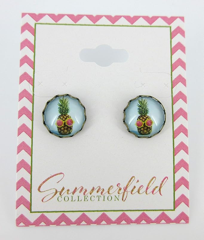 Summerfield Collection Antiqued Gold-tone Pineapple Print Glass Stud Earrings 12mm