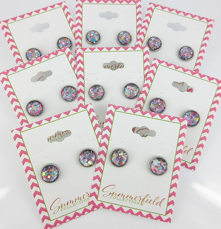 Summerfield Collection Stainless Steel Metallic Pastel Glitter Glass Stud Earrings Hand-painted 10mm