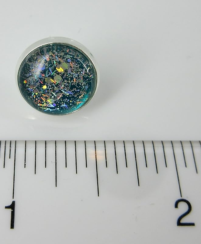 Summerfield Collection Silver-tone Duo Stud Earrings Teal Blue Green and Hot Pink Glitter Glass Set 12mm Hand-painted