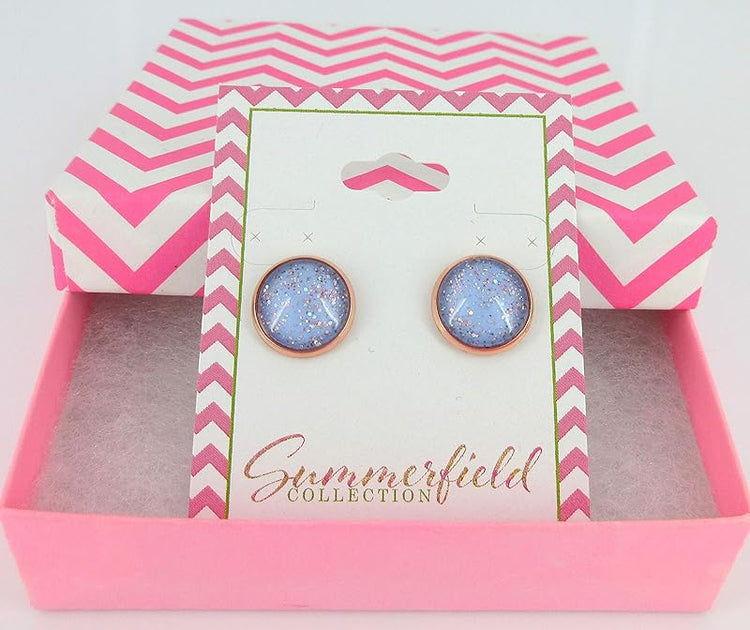 Summerfield Collection Glitter Glass Rose Gold-Tone Galaxy Stud Earrings Blue Sky Iridescent