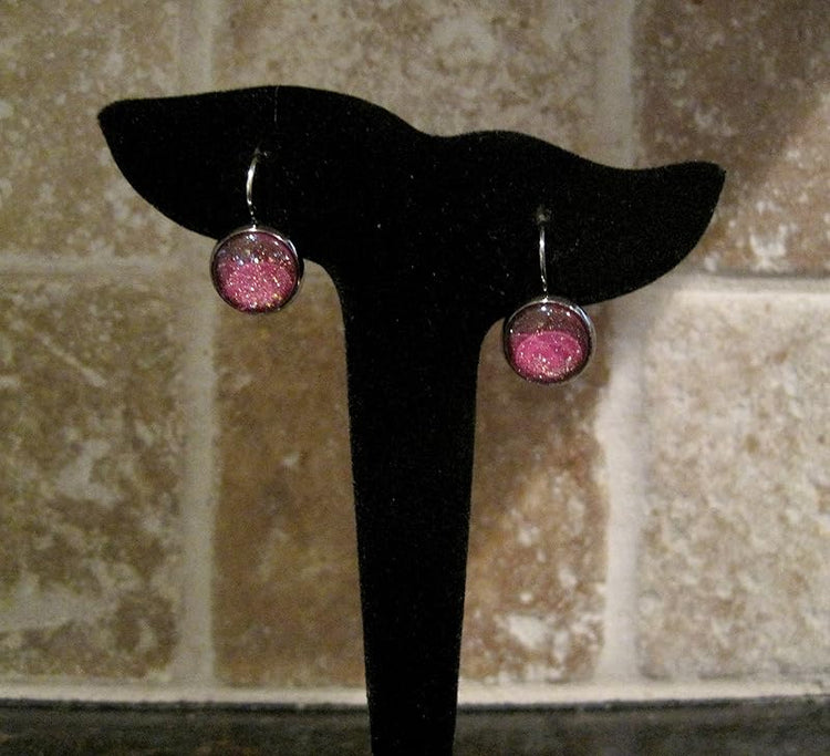 Summerfield Collection Hematite-tone Plum Berry Purple Glitter Glass Lever-back Drop Galaxy Earrings Hand-painted