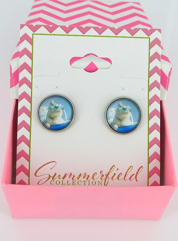 Summerfield Collection Stainless Steel Cat Lover Printed Glass Stud Earrings 12mm (Cruising Cool Cat)