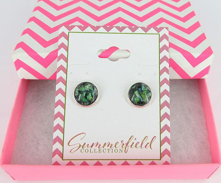 Summerfield Collection Shiny Silver-tone Opalescent Leaf Resin Stud Earrings 10mm (Black)