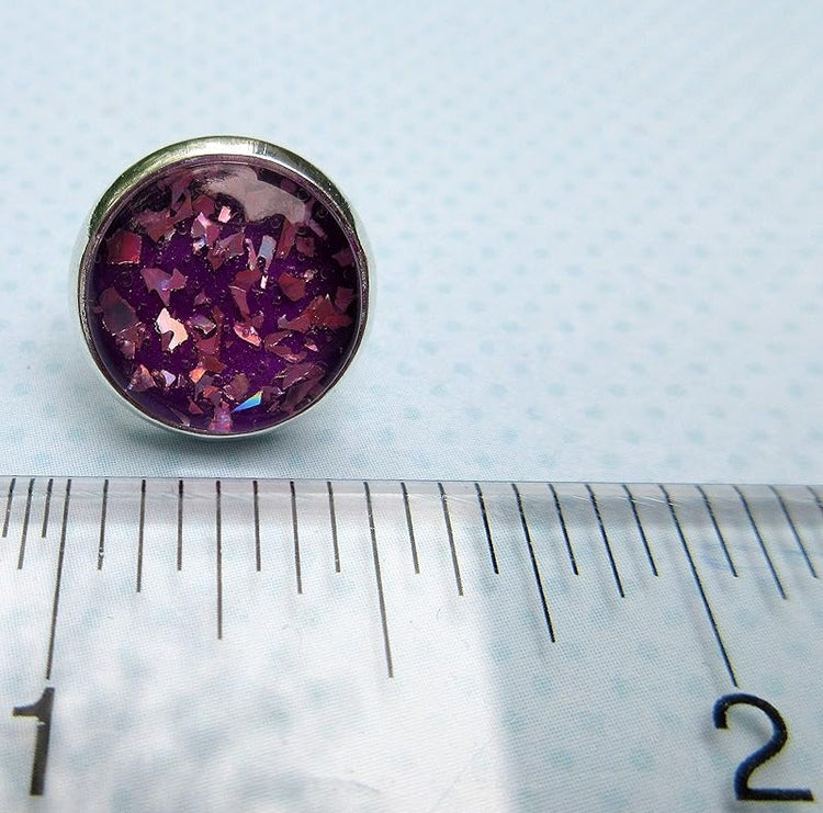 Summerfield Collection Silver-tone Purple Shard Glitter Glass Stud Earrings Hand-painted 12mm