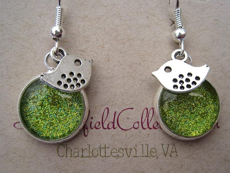 Summerfield Collection Silver-tone Yellow Green Glitter Glass Bird Charm Dangle Earrings Hand-painted