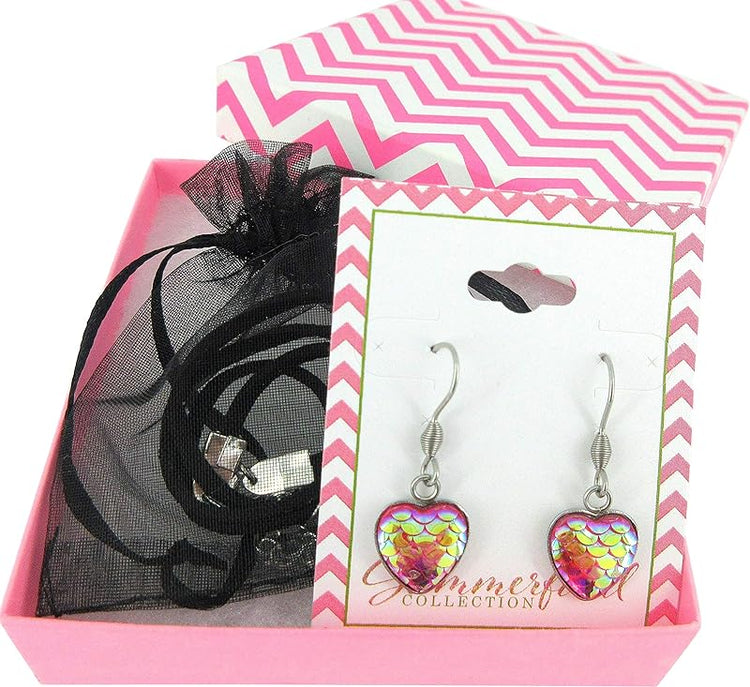 Summerfield Collection Mermaid Heart Choker Necklace Faux Black Suede Cord Dangle Earrings Set (Pink)