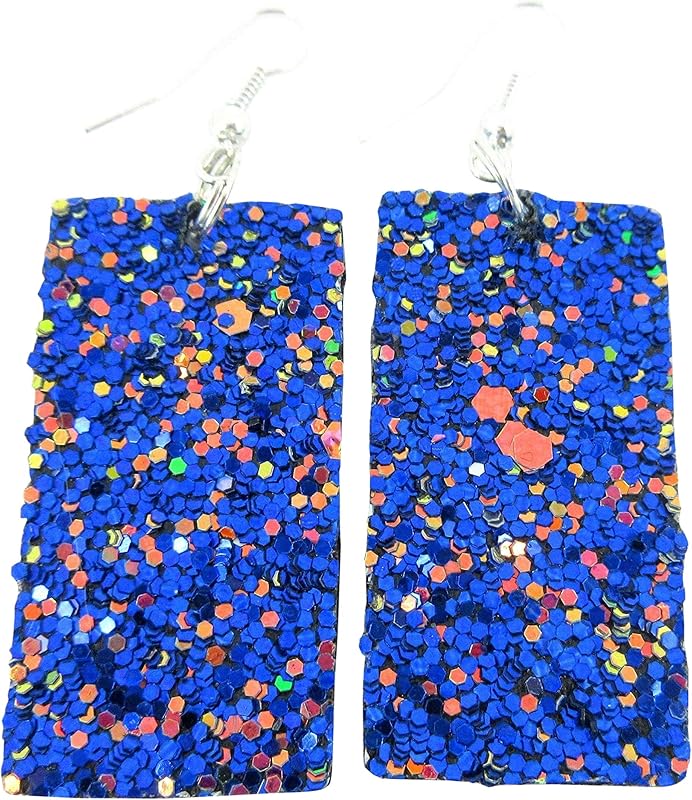 Summerfield Collection Silver-tone Glitter Faux Leather Large Rectangle Dangle Earrings (Blue w/Pink and Black)