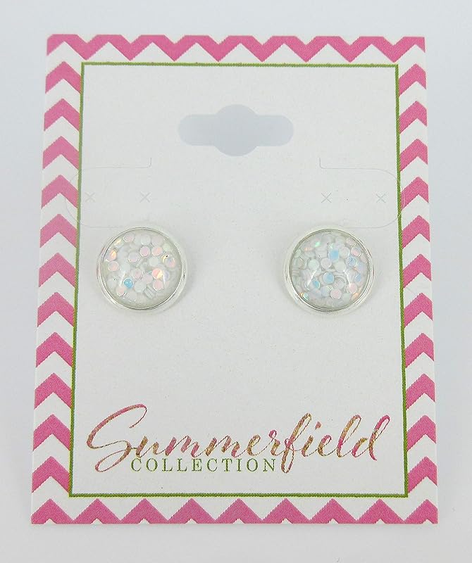 Summerfield Collection Shiny Silver-tone White Iridescent Glitter Resin Stud Earrings 10mm