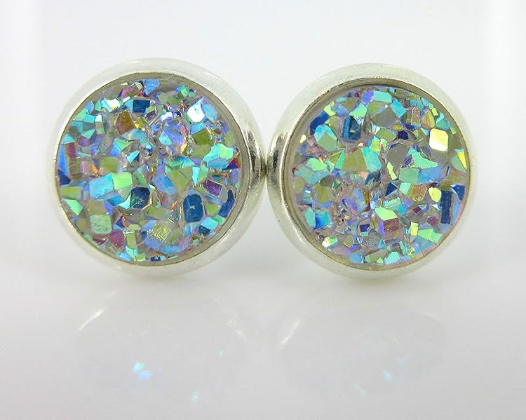 Summerfield Collection Duo Silver-tone Faux Druzy Stone Stud Earrings 8mm Set (Clear AB/Gunmetal)