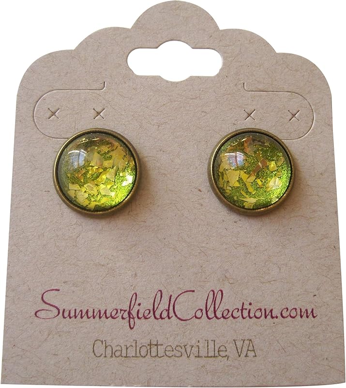 Summerfield Collection Antiqued Gold-tone Green Glitter Glass Stud Earrings Hand-painted 12mm