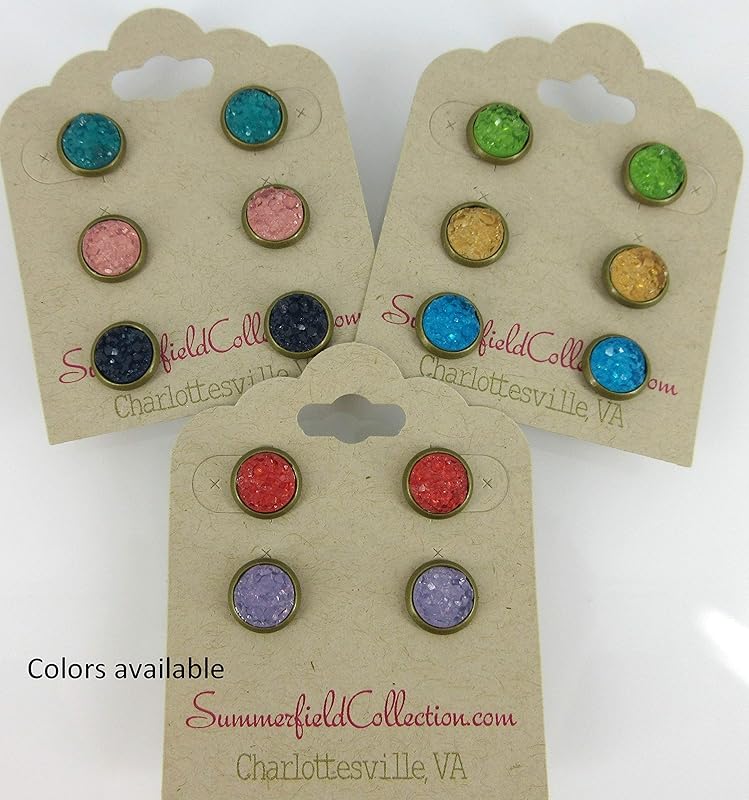Summerfield Collection Trio Antiqued Gold-tone Stud Earrings 8mm Teal Pink Navy Blue Faux Druzy Stone Set (Teal/Pink/Navy Blue)