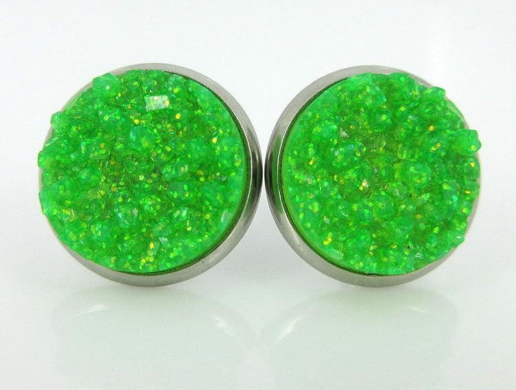 Summerfield Collection Stainless Steel Neon Pink Orange Yellow Green Faux Druzy Glitter Stone Stud Earrings Set (12mm)