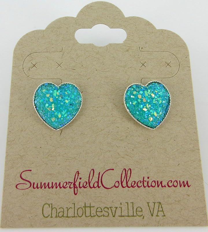 Summerfield Collection Silver-tone Heart Faux Druzy Stone Stud Earrings 12mm (Aqua Blue AB)