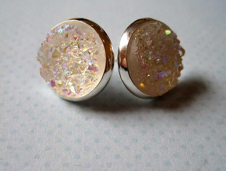 Summerfield Collection Silver-tone Trio Stud Earrings Neon Green Black Glitter Glass Gunmetal Clear Faux Druzy Stone Set