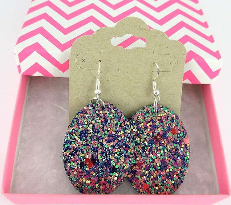 Summerfield Collection Silver-tone Glitter Faux Leather Oval Dangle Earrings (Teal and Pink)