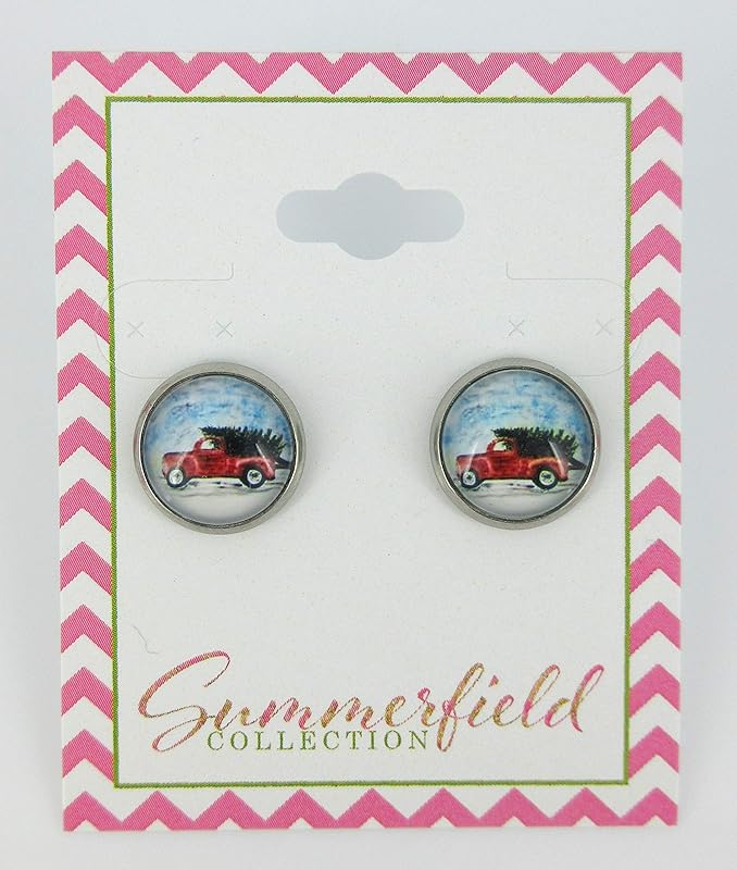 Summerfield Collection Stainless Steel Red Truck Christmas Tree Print Glass Stud Earrings 12mm