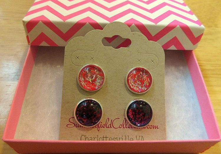 Summerfield Collection Duo Silver-tone Stud Earrings Neon Bar and Purple Pink Black Glitter Glass 12mm Hand-painted