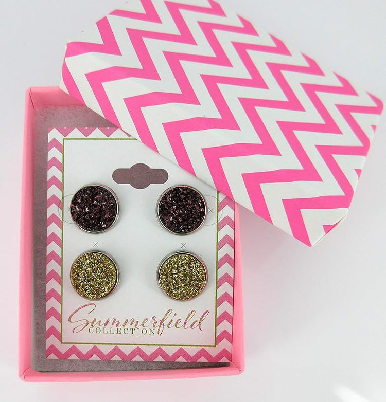 Summerfield Collection Duo Stainless Steel Glitter Faux Druzy Stone Stud Earrings Set (Dark Maroon/Gold)