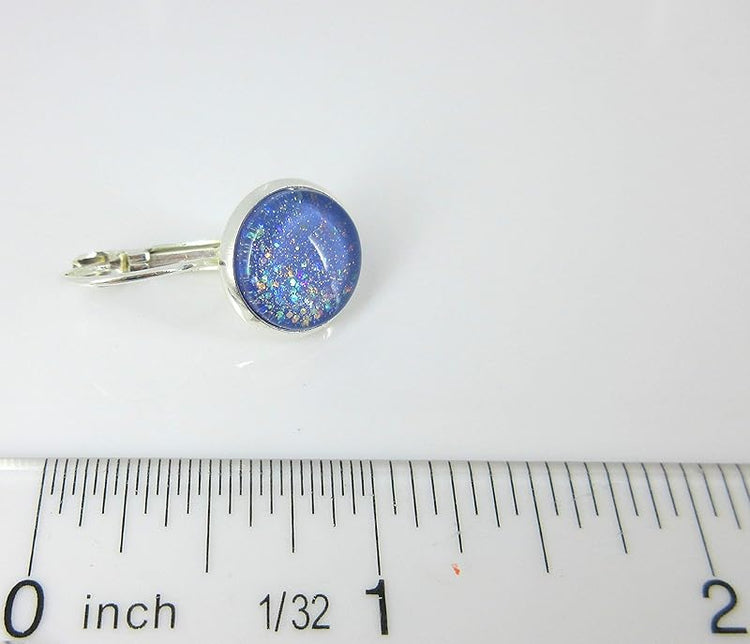 Summerfield Collection Silver-tone Periwinkle Purple Glitter Glass Lever-back Drop Galaxy Earrings Hand-painted