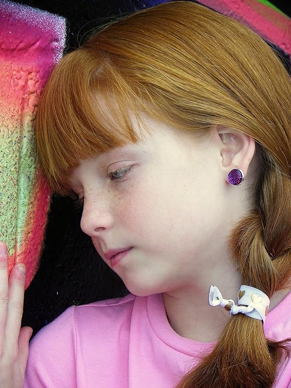 Summerfield Collection Duo Silver-tone Stud Earrings Neon Bar and Purple Pink Black Glitter Glass 12mm Hand-painted