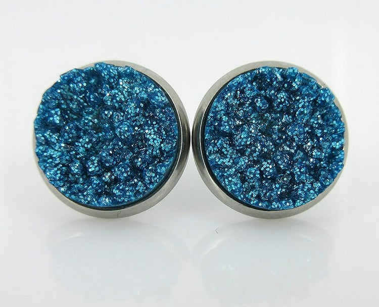 Summerfield Collection Trio Stainless Steel Glitter Faux Druzy Stone Stud Earrings Set (Ocean Blue/Teal/Gold)