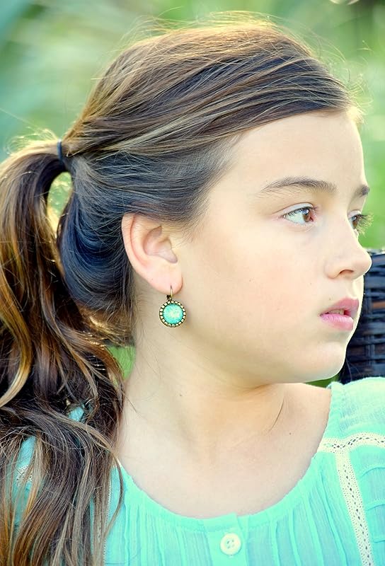 Summerfield Collection Antiqued Gold-tone Seafoam Green and Blue Glitter Glass Drop Earrings Leverback Hand-painted