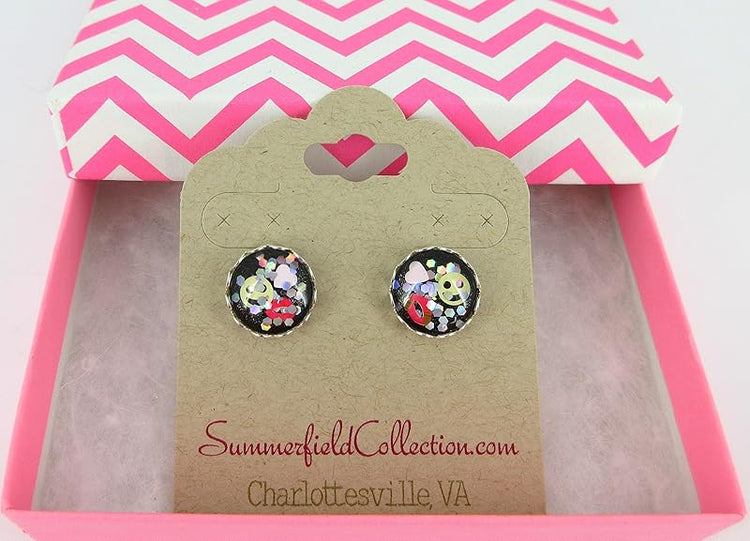 Summerfield Collection Silver-tone Emoji Glitter Glass Stud Earrings Black Pink Red Yellow Hand-painted