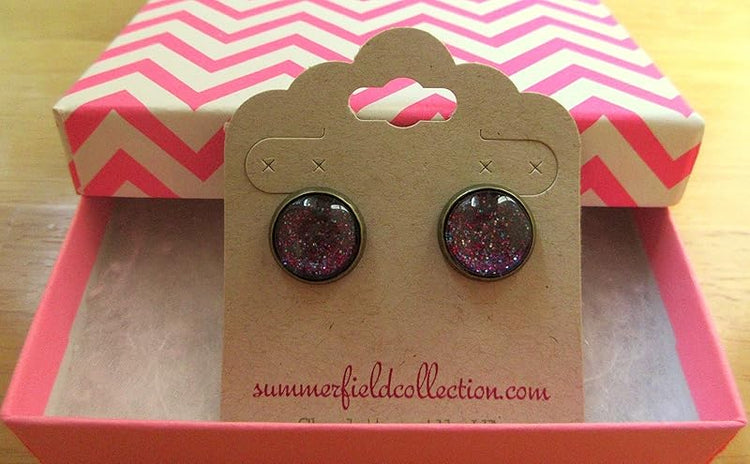 Summerfield Collection Antiqued Gold-tone Blue Purple Pink Glitter Glass Stud Earrings Hand-painted