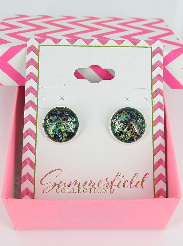 Summerfield Collection Silver-tone Mermaid Tail Glitter Glass Stud Earrings Hand-painted 12mm