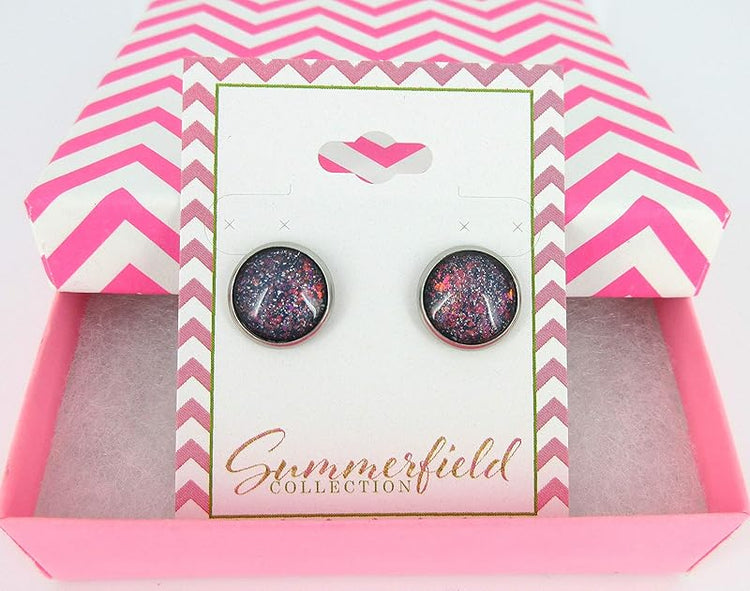 Summerfield Collection Stainless Steel Purple and Red Glitter Glass Stud Earrings Hand-painted 12mm