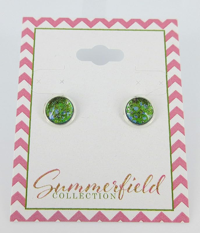 Summerfield Collection Silver-tone Green and Blue Glitter Glass Stud Earrings Hand-painted 8mm