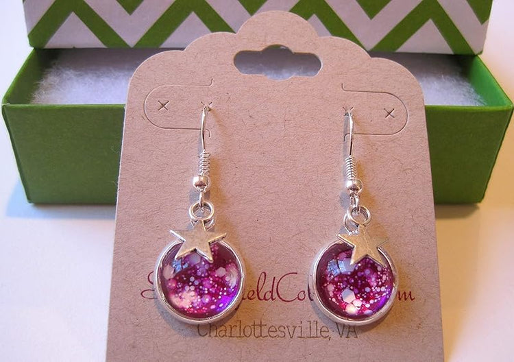 Summerfield Collection Silver-tone Magenta Pink and White Glitter Glass Star Galaxy Dangle Earrings