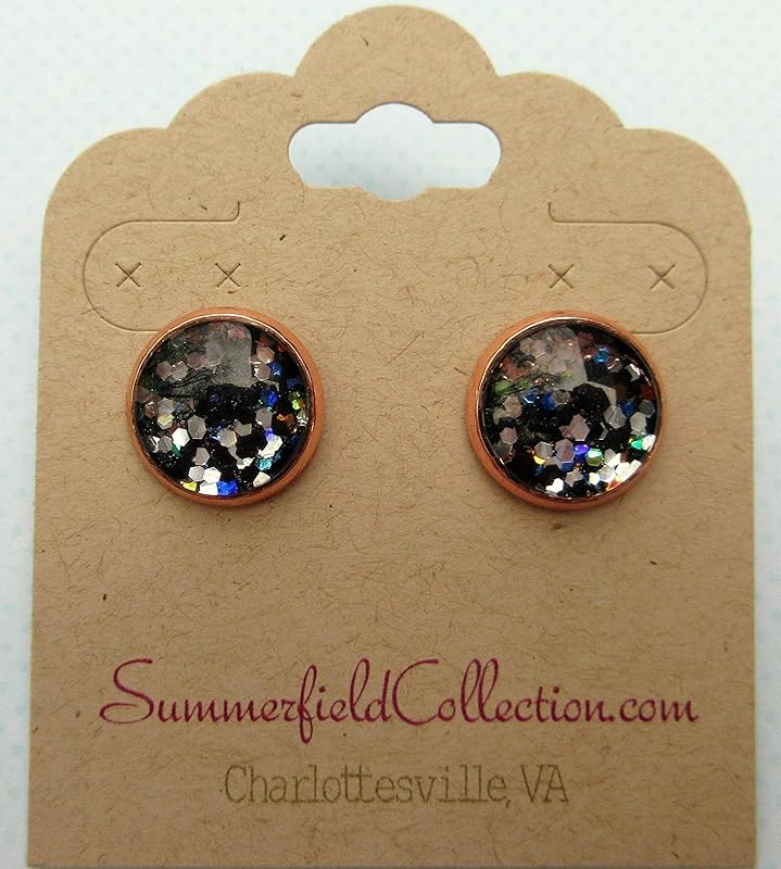 Summerfield Collection Rose Gold-tone Black Meteor Shower Glitter Glass Galaxy Stud Earrings Hand-painted 12mm
